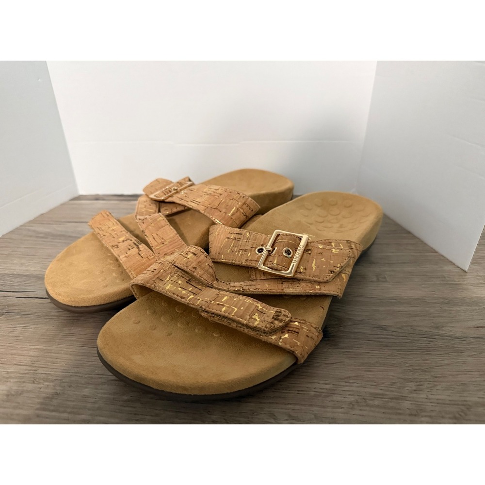 Vionic Skylar Gold Cork Slide Sandals Womens 8 Wide Orthotic Adjustable Straps